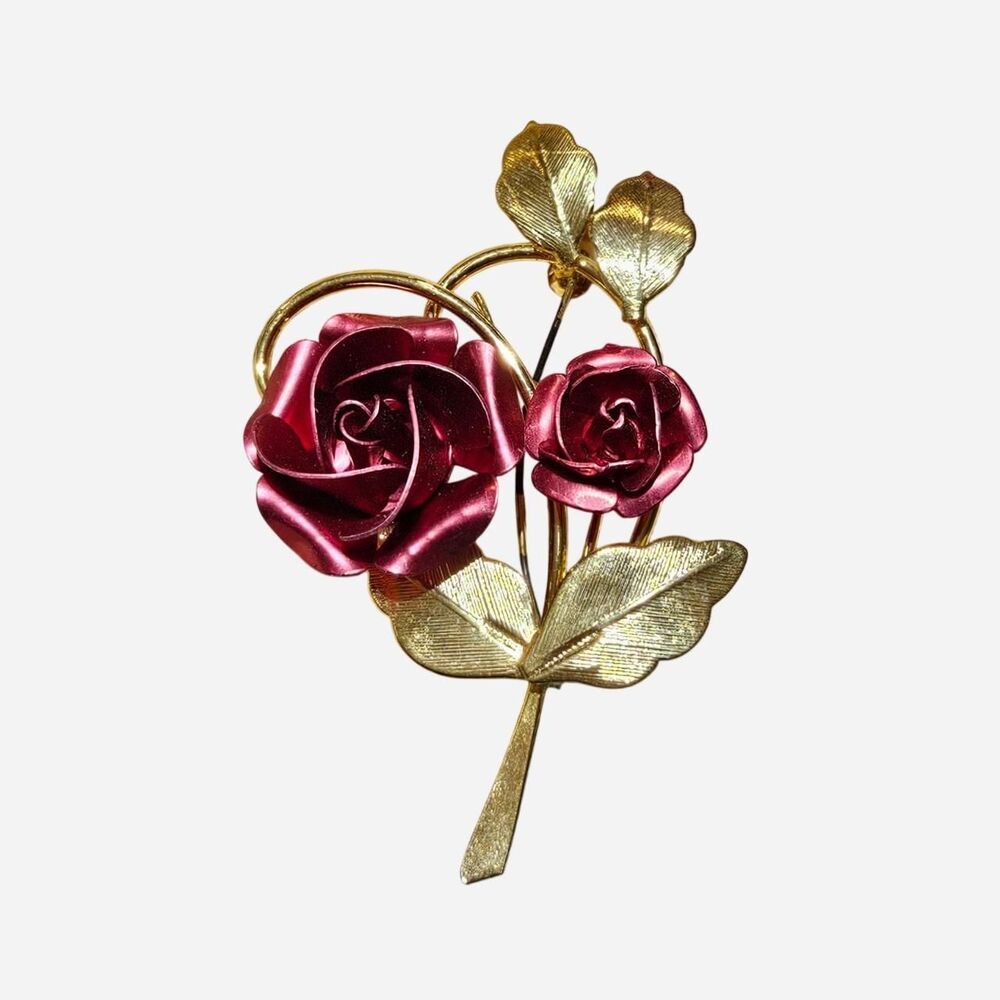 60s cottagecore twee gold tone red rose brooch